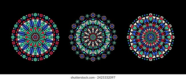 Stained glass illustrations collection, circle shape, stylized rose window vector ornament, tracery. Colorful mosaic decoration, black background. Round frames set, radial floral motive design element