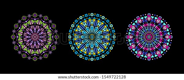 Stained glass illustrations collection, circle\
shape, stylized rose window vector ornament, tracery. Round frames\
set, radial floral motive design element. Colorful mosaic\
decoration, black\
background