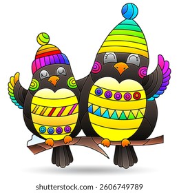 Stained glass illustrations with cute birds, animals isolated on a white background