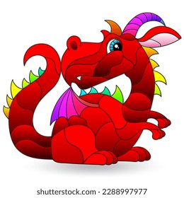 Stained glass illustrations with cute cartoon dragon, animal isolated on a white background