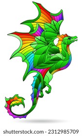 Stained glass illustrations with cute cartoon dragons, animals isolated on a white background