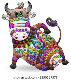 Stained glass illustrations with cute cartoon cow, animal isolated on a white background