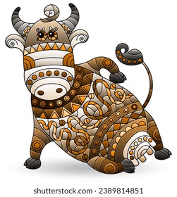 Stained glass illustrations with cute cartoon cow, animal isolated on a white background, tone brown