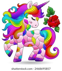 Stained glass illustrations with cute cartoon unicorn, animal isolated on a white background