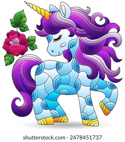 Stained glass illustrations with cute cartoon unicorn, animal isolated on a white background