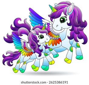 Stained glass illustrations with cute cartoon unicorns , animals isolated on a white background