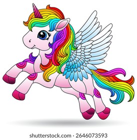 Stained glass illustrations with cute cartoon unicorn, animal isolated on a white background