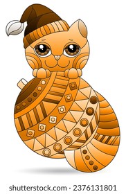Stained glass illustrations with cute Christmas cat, animal isolated on a white background, tone brown