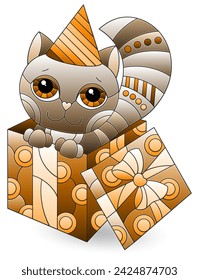 Stained glass illustrations with cute Christmas cat, animal isolated on a white background, tone brown