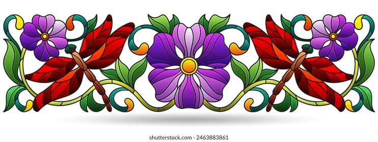 Stained glass illustrations with dragonflies and flowers, compositions isolated on a white background