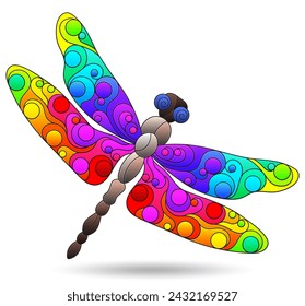 Stained glass illustrations with dragonfly, animal isolated on a white background