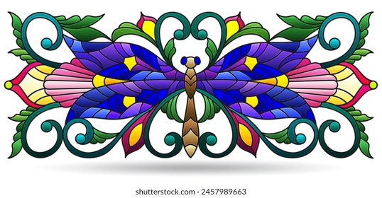 Stained glass illustrations with dragonfly and flowers, compositions isolated on a white background