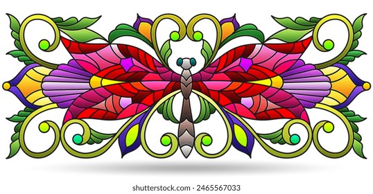 Stained glass illustrations with dragonfly and flowers, compositions isolated on a white background