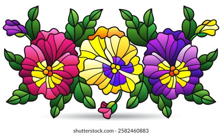 Stained glass illustrations with flower arrangements pansies, flowers isolated on a white background