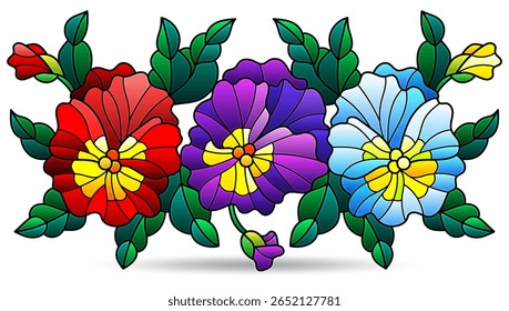 Ilustrações de vitrais com arranjos florais pansies, flores isoladas em um fundo branco