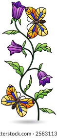 Stained glass illustrations with a flowers and  butterflies, dark contours on white background