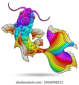 Stained glass illustrations with koi carp fish, animals isolated on a white background