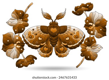 Stained glass illustrations with a moth and orhid, animal isolated on a white background, tone brown