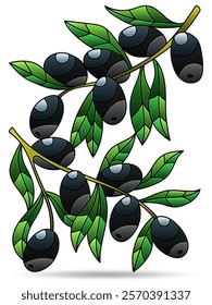 Stained glass illustrations with olive branches, plants isolated on a white background