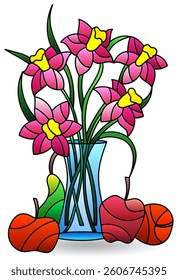 Stained glass illustrations with still life, vase with flowers and fruits isolated on a white background