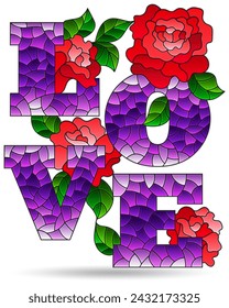 Stained glass illustrations with the word love and roses, isolated on a white background