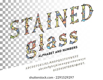 Stained glass italic alphabet from decorative transparent colored piece of glass. Vector font in stained glass window style with signs, symbols and numbers.