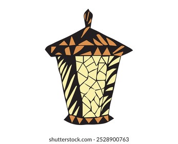 Stained glass lantern ornament isolated on a white background. Concept of decoration, mosaic art, handcrafted lighting, street lantern, light, decorative design, illumination, and vintage