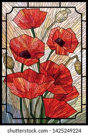 Stained glass large flowers poppies on a light beige background in a geometric frame. Black lines. Vector full color graphics