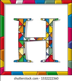 Stained glass letter H over white background, framed vector
