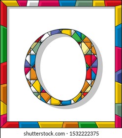 Stained glass letter O over white background, framed vector