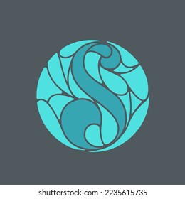 Stained glass letter S monogram logo.Calligraphic signature icon.Lettering sign.Wedding, fashion, beauty, gift boutique, spa alphabet initial.Decorative, ornate style character.Circle emblem.