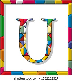 Stained glass letter U over white background, framed vector