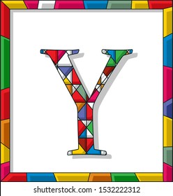 Stained glass letter Y over white background, framed vector