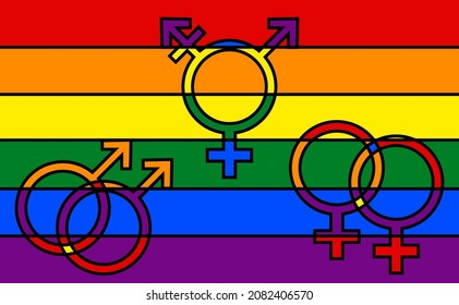 A stained glass. LGBT rainbow flag with different types: lesbian female, gay male, and transgender symbols