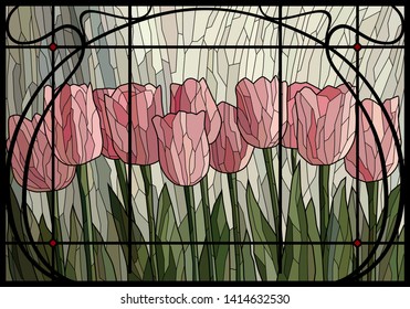 Stained glass light pink tulips in a frame. Vector graphics, mosaic full color. Imitation of colored glass