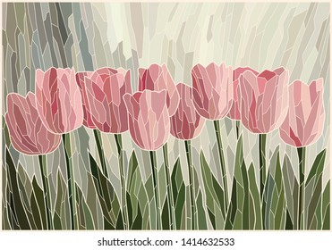 Stained glass light pink tulips. Vector graphics, mosaic full color. Imitation of colored glass