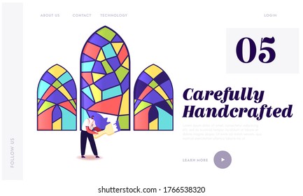 Stained Glass Manufacture Landing Page Template. Handmade Hobby, Antique Craft. Tiny Male Character Painting Arched Window with Colorful Paints. Interior, Exterior Decor. Cartoon Vector Illustration