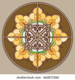 Stained glass medieval window logotype, mosaic mandala. Flat vector illustration.
