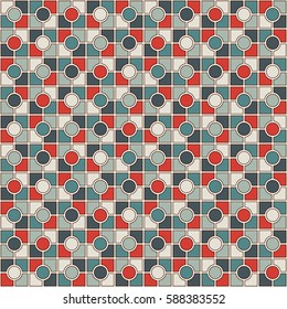 Stained glass mosaic abstract background. Retro colors checkered wallpaper. Seamless surface pattern with geometric ornament. Digital paper, textile print, page fill. Vector art