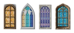 Stained Glass Mosaic Church Temple Cathedral Windows Realistic Set With Four Isolated Ancient Style Colorful Windows Vector Illustration