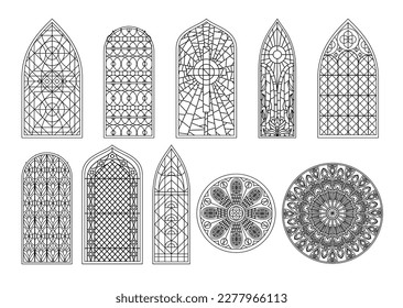 Glasmosaikkirchentempel Kathedrale Fenster schwarz gesetzt mit Umrisssymbole orangefarbener Fensterformen Vektorgrafik