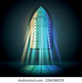 Stained glass mosaic church temple cathedral windows light composition with indoor view of colorful window rays vector illustration