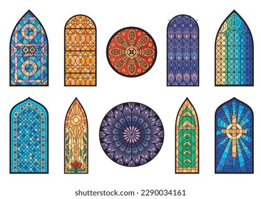 Stained glass mosaic church temple cathedral windows flat set of isolated ornate mirrors on blank background vector illustration