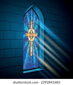 Stained glass mosaic church temple cathedral windows light composition with indoor view of window with cross vector illustration