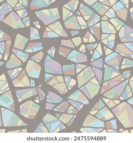 Stained glass mosaic, mother of pearl terrazzo tiles, seamless iridescent rainbow pattern. Vector abstract colorful gem background. Texture in pastel colors