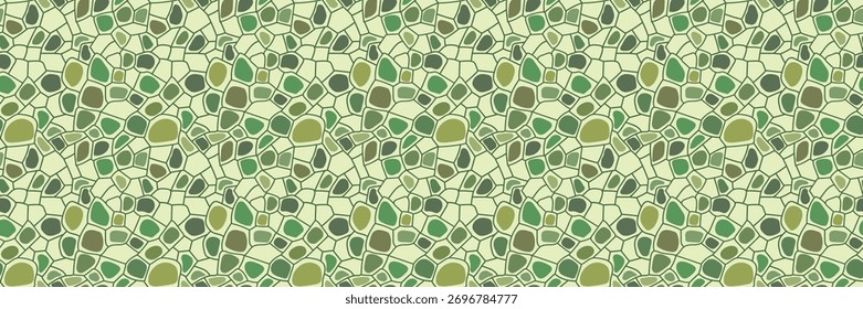 Um padrão de mosaico de vitrais. Textura de células vegetais verdes ou um close-up de asas de borboleta. Vetor abstrato fundo sem emenda com elementos geométricos verdes. Para interiores, spa, têxtil e tecido.
