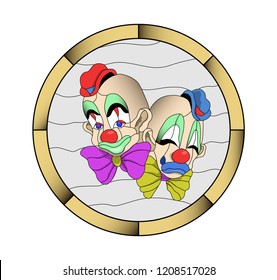 Stained glass or mosaic pattern Two clown mask on a light background