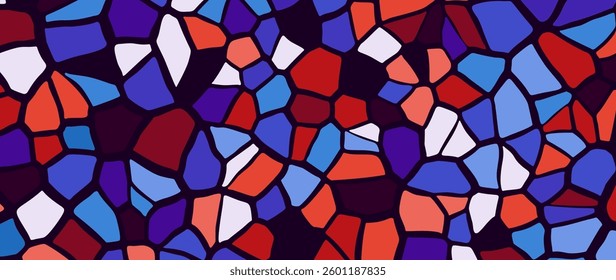 Stained Glass Mosaic Pattern With Vibrant Abstract Geometric Shapes. Colorful Artistic Design Featuring Irregular Polygonal Pieces In Blue, Red, And Purple Shades. Vector Illustration.