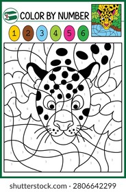 Stained glass mosaic style vector illustration of a cute happy leopard or jaguar cub with yellow fur and black spots looking down at a blue river. The detailed wild safari scene features the baby big cat at the riverbank surrounded by lush green jungle bushes and trees, perfectly designed for children color by number coloring book pages.