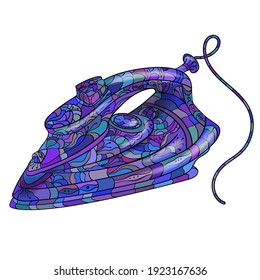Stained glass multicolored from pieces in the style of tangle doodle, volumetric drawing household appliances iron